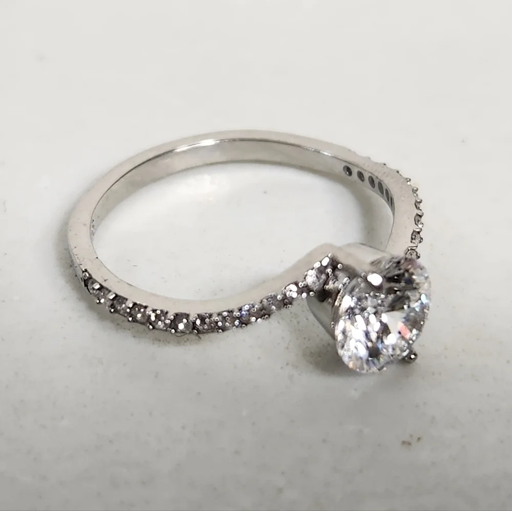 Round .75ct White Sapphire Stainless Steel Bypass Pave Diamond Ring-Size 5